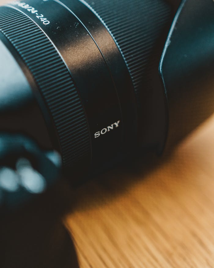 Detailed close-up of a camera lens on a wooden surface, focusing on its texture and design.